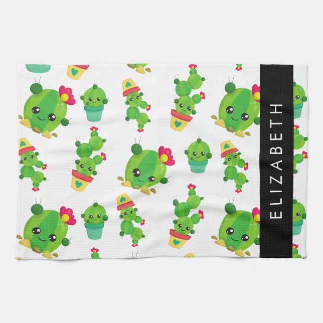 Cute Cactus, Cactus Pattern, Succulent, Your Name Tea Towel (Horizontal)
