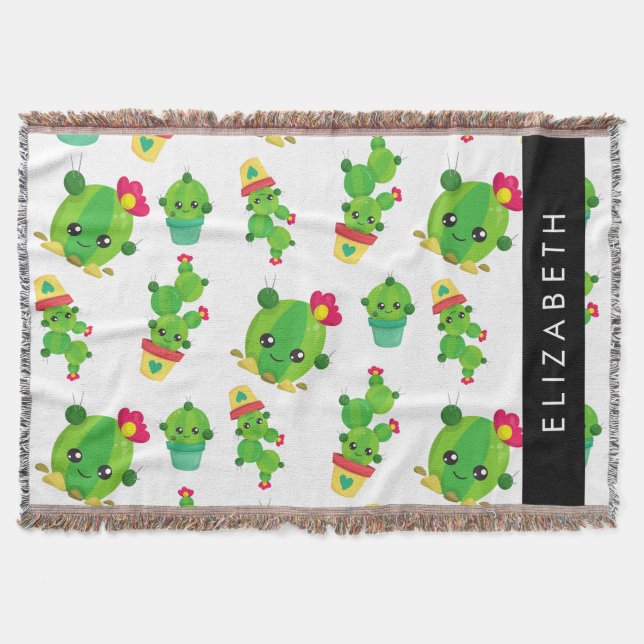 Cute Cactus, Cactus Pattern, Succulent, Your Name Throw Blanket (Front)