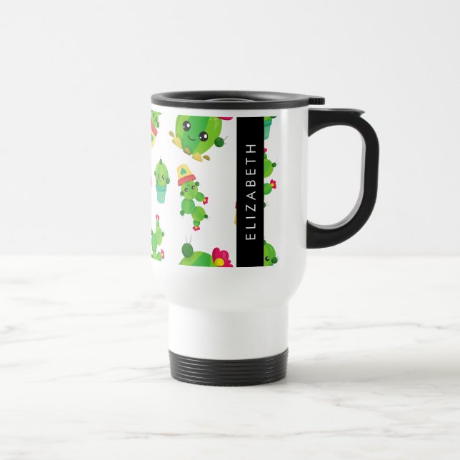 Cute Cactus, Cactus Pattern, Succulent, Your Name Travel Mug (Right)