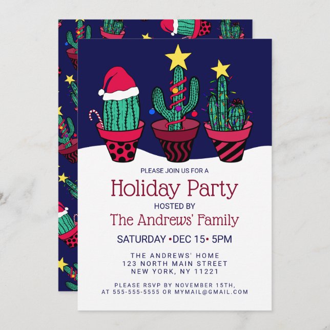 Cute Cactus Christmas Tree Lights Holiday Invitation (Front/Back)