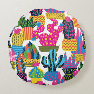 Cute Cactus: Colourful Seamless Fun Round Cushion