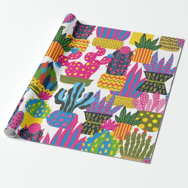 Cute cactus. Colourful seamless pattern. Endless p Wrapping Paper (Unrolled)