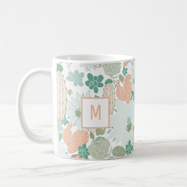 Cute Cactus Coral Mint Monogram Pattern Coffee Mug (Left)
