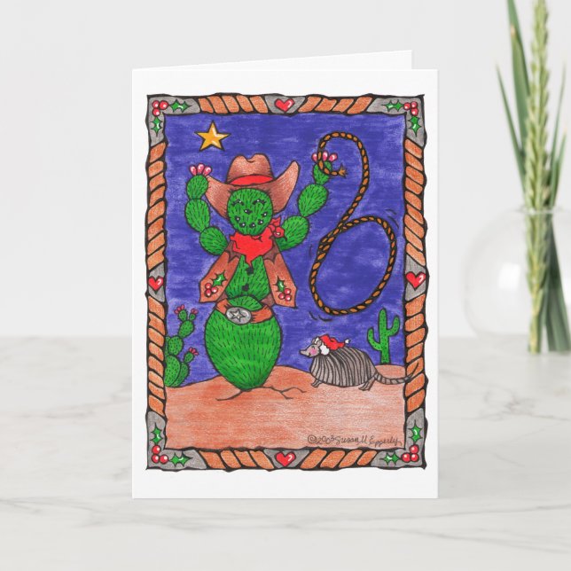 Cute Cactus Cowboy Armadillo Texas Christmas Holiday Card (Front)