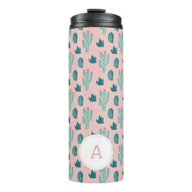 Cute Cactus Doodle Pattern | Monogram Thermal Tumbler (Front)