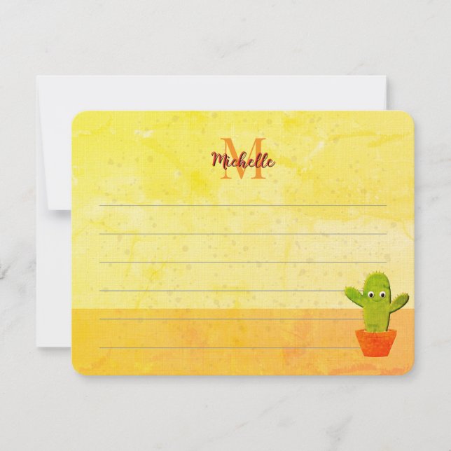 Cute Cactus Drawing Custom Lined Monogram Card (Front)