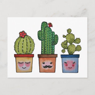 Cute Cactus Family In Watercolor Postcard