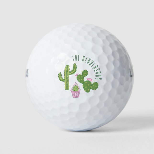 Cute Cactus Family Personalised Green and Pink Golf Balls (Front)