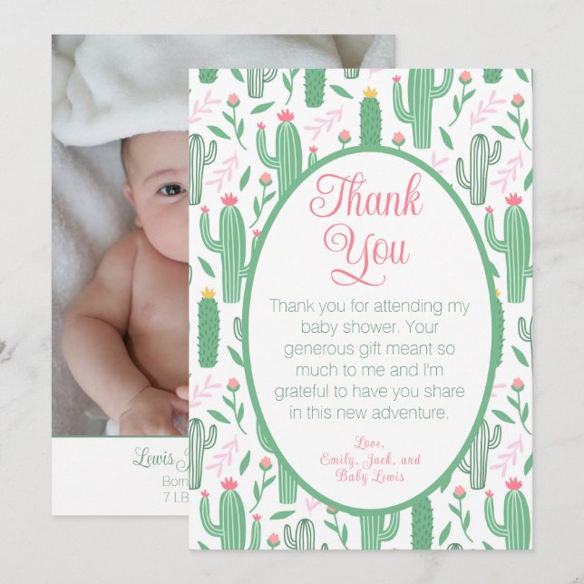 Cute Cactus Floral Baby Shower Photo Thank You (Front/Back)