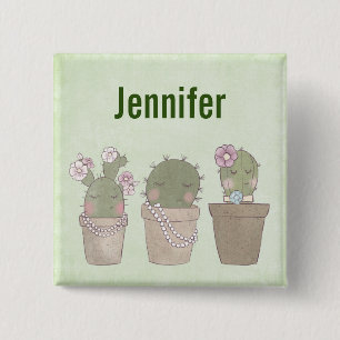 Cute Cactus Girls Wearing Jewellery 15 Cm Square Badge