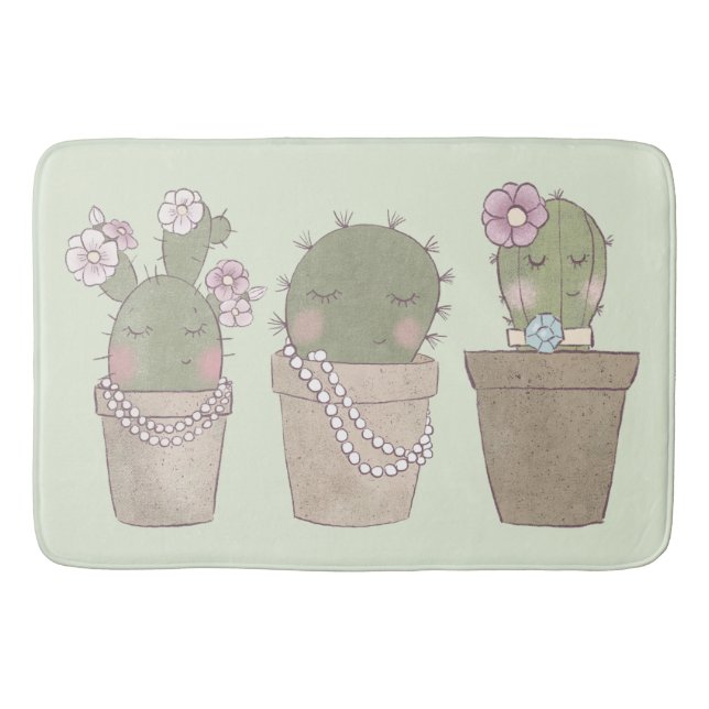 Cute Cactus Girls Wearing Jewellery Bath Mat (Front)