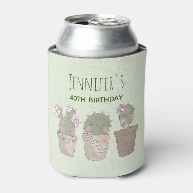 Cute Cactus Girls Wearing Jewellery Birthday Can Cooler (Can Front)