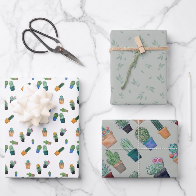 Cute Cactus Greenery Flower Pattern Wrapping Paper Sheet (Front)
