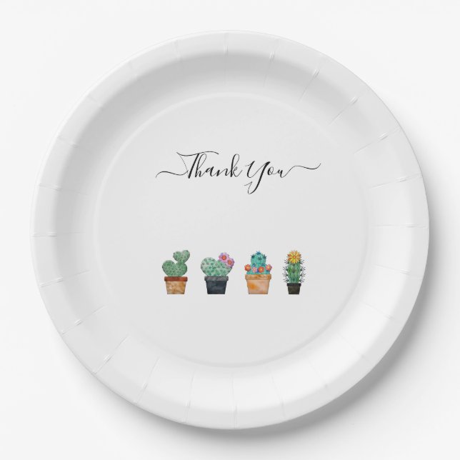 Cute Cactus Greenery Flower Thank You Paper Plate (Front)