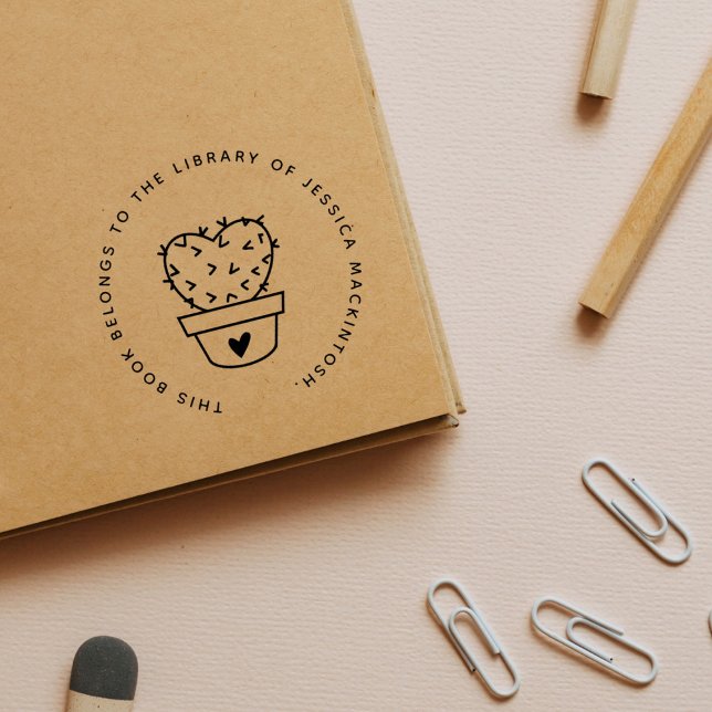 Cute Cactus Heart Custom Name Library Book Rubber Stamp (Creator Uploaded)