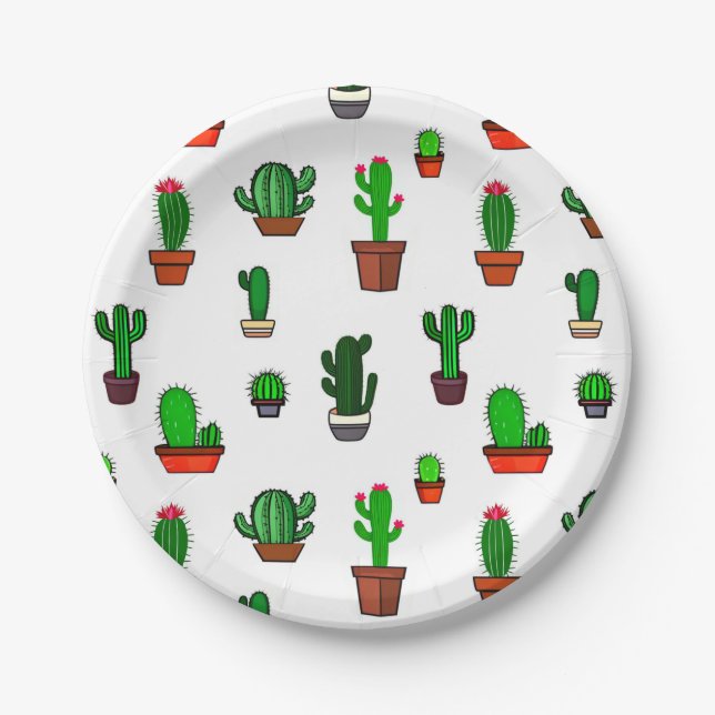 Cute Cactus illustrations Pattern White Paper Plate (Front)