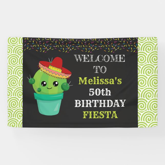 Cute Cactus in a Sombrero Birthday Fiesta Banner (Horizontal)