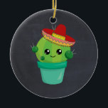 Cute Cactus in a Sombrero on Black Chalkboard Ceramic Tree Decoration<br><div class="desc">An ornament with a cute illustration of a cactus,  with big kawaii eyes,  wearing a red sombrero. The background is a chalkboard image</div>