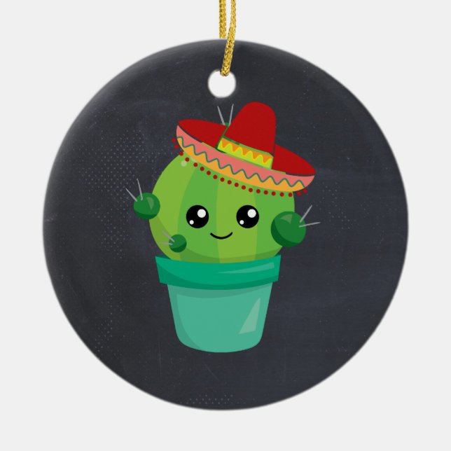 Cute Cactus in a Sombrero on Black Chalkboard Ceramic Tree Decoration (Front)