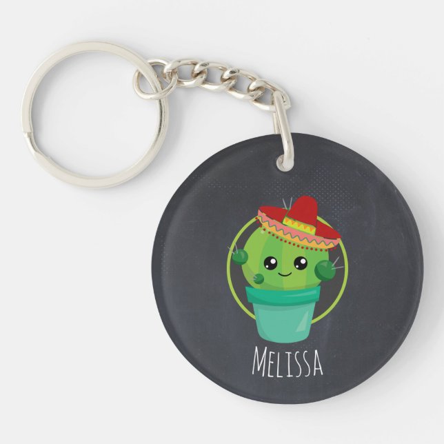 Cute Cactus in a Sombrero on Black Chalkboard Key Ring (Front)