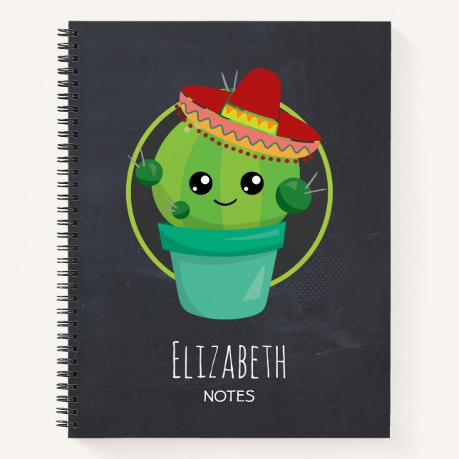 Cute Cactus in a Sombrero on Black Chalkboard Notebook (Front)