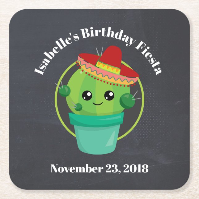 Cute Cactus in a Sombrero on Black Chalkboard Square Paper Coaster (Front)