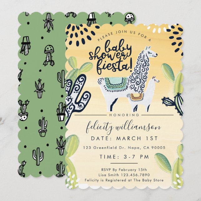Cute Cactus & Llama Baby Shower Fiesta Invitation (Front/Back)