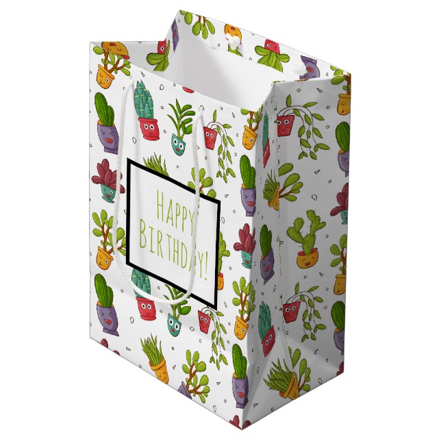 Cute Cactus Nature Succulents Pattern Birthday Medium Gift Bag (Front Angled)