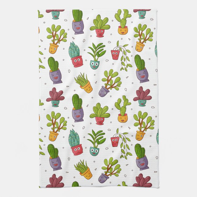 Cute Cactus Nature Succulents Pattern Tea Towel (Vertical)
