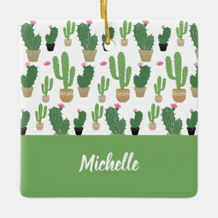 Cute Cactus Pattern Monogrammed Ceramic Ornament