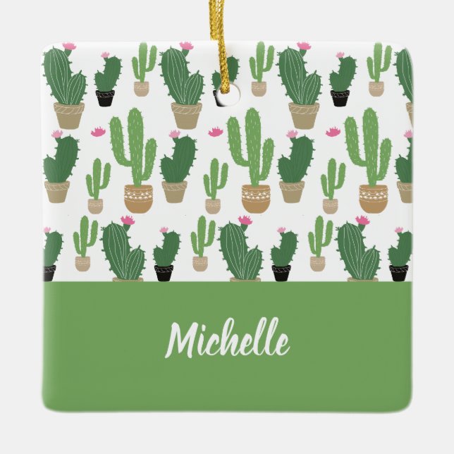 Cute Cactus Pattern Monogrammed  Ceramic Ornament (Front)