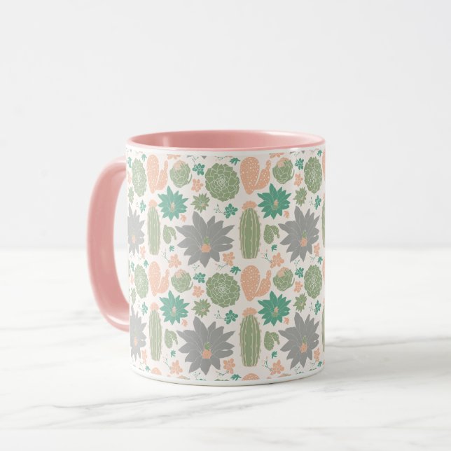 Cute Cactus Pink Green Grey Succulents Mug (Front Left)