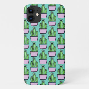Cute Cactus Pink Pot Pattern on Marine Blue iPhone 11 Case