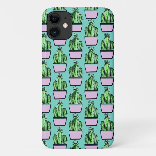 Cute Cactus Pink Pot Pattern on Marine Blue Case-Mate iPhone Case (Back)