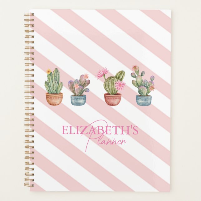 Cute Cactus Pink White Striped Pattern Planner (Front)