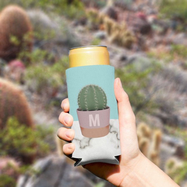 Cute Cactus Plant Mum Modern Monogrammed Marble Seltzer Can Cooler (Love cacti and can coolers? Add your initials to this one. Makes a lovely gift for the Plant Mom)