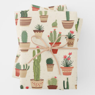 Cute Cactus Plant Pots Patterned Tiled Print Wrapping Paper Sheet