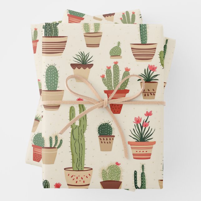 Cute Cactus Plant Pots Patterned Tiled Print Wrapping Paper Sheet (In situ)