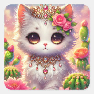 Cute Cactus Princess Cat Square Sticker