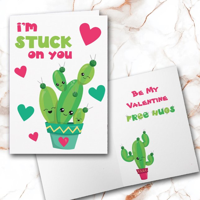 Cute Cactus Stuck on You Kids Valentine Card (Creator Uploaded)