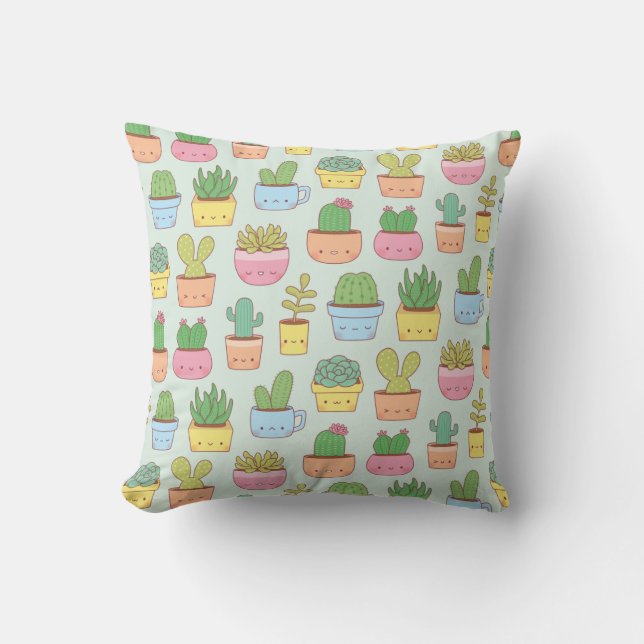 Cute Cactus Succulent Plant Colourful Pattern Cushion (Front)