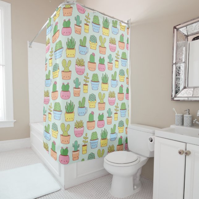 Cute Cactus Succulent Plant Doodles Pattern Shower Curtain (In Situ)