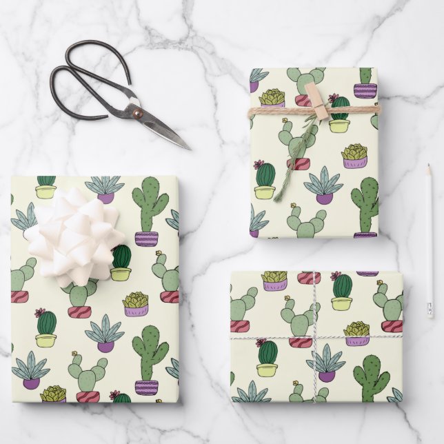 Cute Cactus Succulent Potted Plants Cacti Pattern Wrapping Paper Sheet (Front)