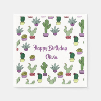 Cute Cactus Succulent Potted Plants Happy Birthday Napkin