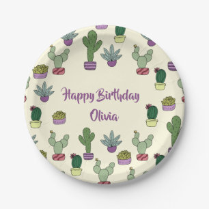 Cute Cactus Succulent Potted Plants Happy Birthday Paper Plate