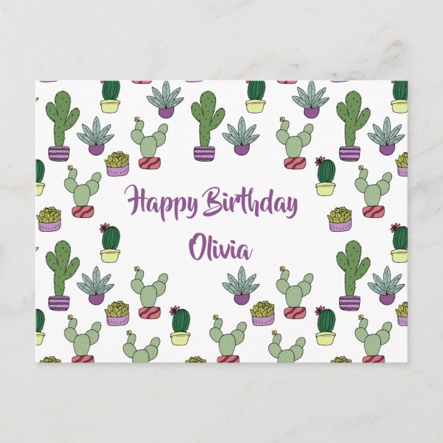 Cute Cactus Succulent Potted Plants Happy Birthday Postcard (Front)