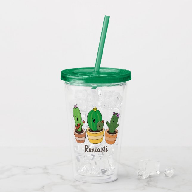 Cute cactus trio singing cartoon illustration acrylic tumbler (Back Ice)