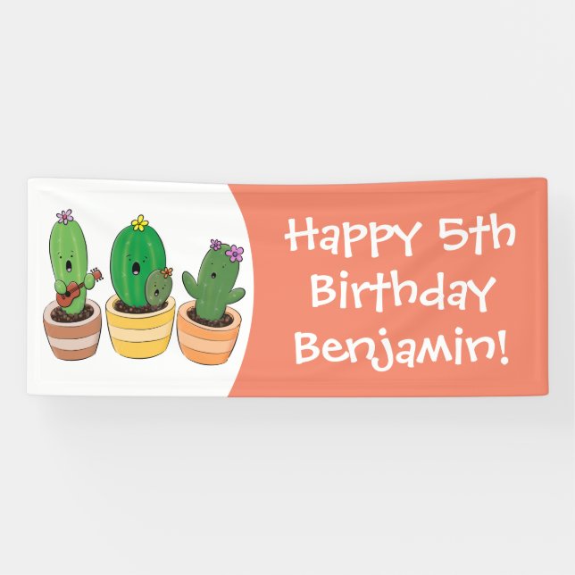 Cute cactus trio singing cartoon illustration banner (Horizontal)
