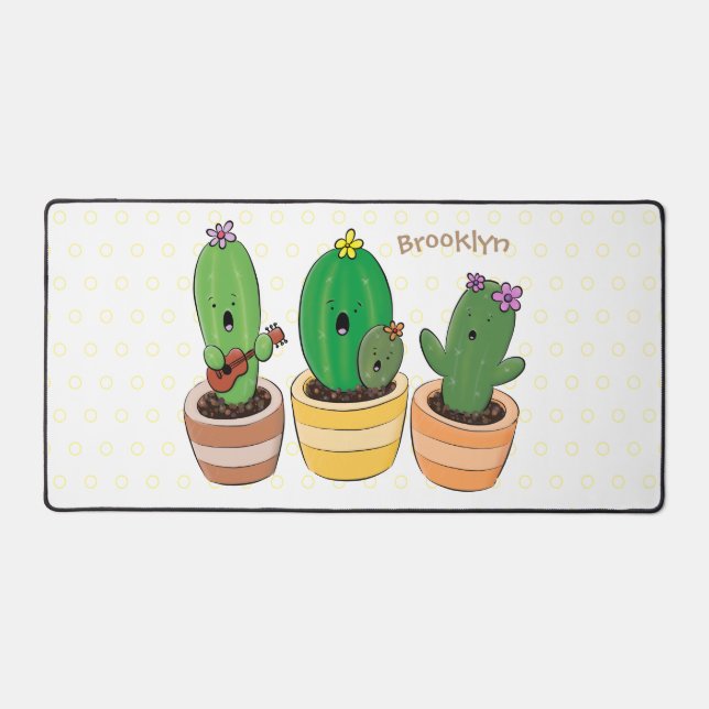 Cute cactus trio singing cartoon illustration desk mat (Front)