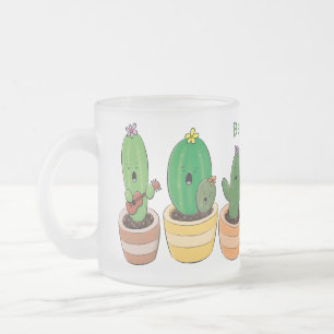 Cute cactus trio singing cartoon illustration frosted glass coffee mug
